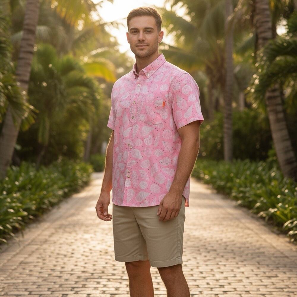 Chubbies Shirt Mens XL Pink Weekend Polo Seashells Print Stretch Preppy Hawaiian